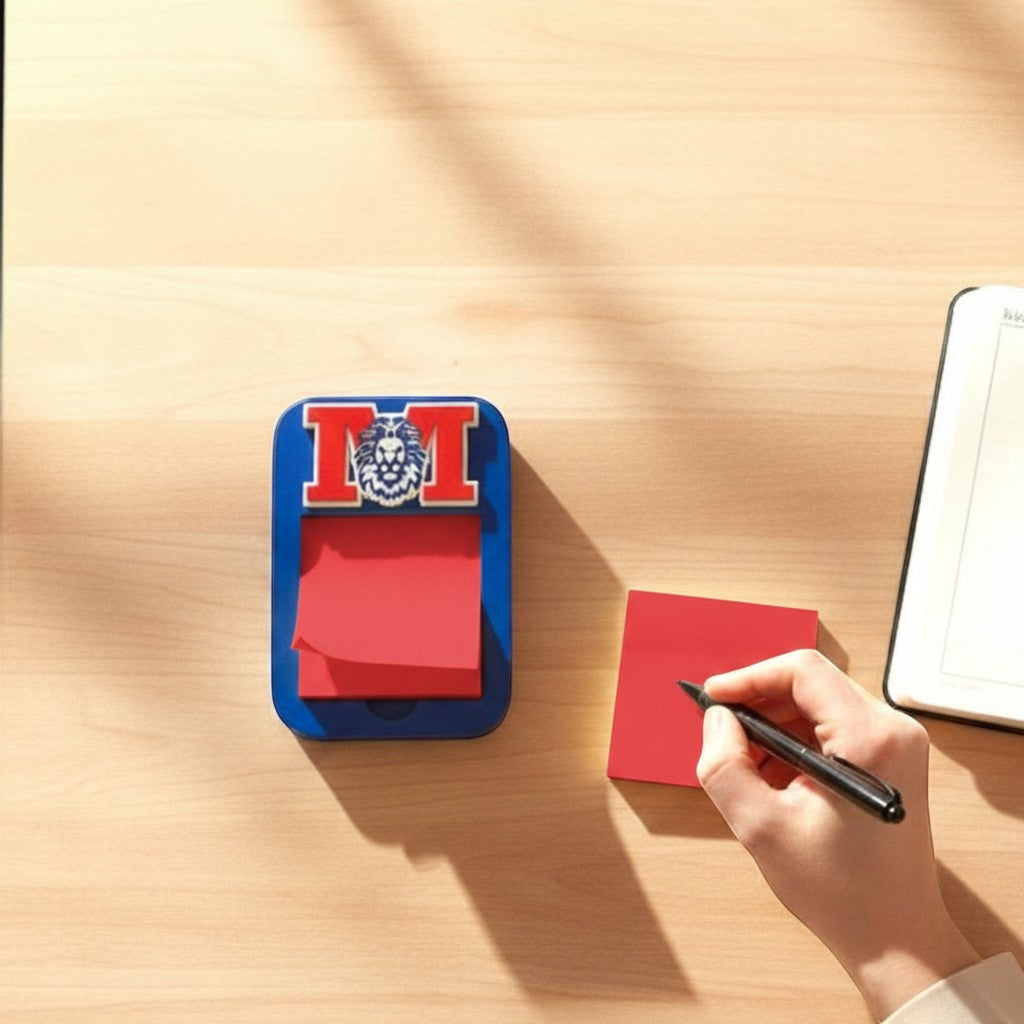 Xpress It Graphics blue sticky note holder with Monarch logo, holding yellow sticky notes.