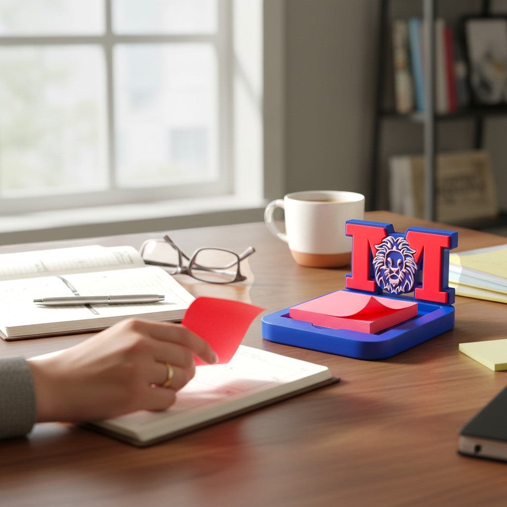 Xpress It Graphics blue and red 3D printed sticky note holder with Monarch M and lion logo, on a wooden desk.