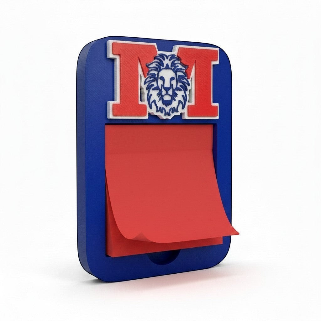 Xpress It Graphics blue sticky note holder with red 'M' and lion emblem, perfect for office or school.