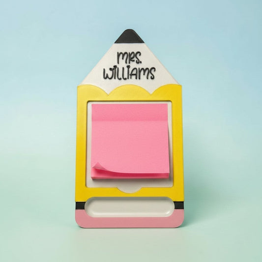 Xpress It Graphics yellow pencil-shaped sticky note holder with pink eraser base and personalized name 'Mrs. Williams'.