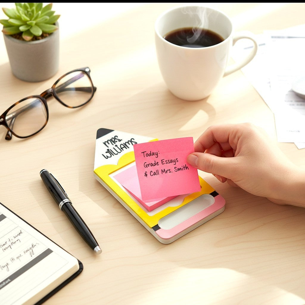 Xpress It Graphics yellow pencil-shaped sticky note holder with pink eraser base and personalized name 'Mrs. Williams'.